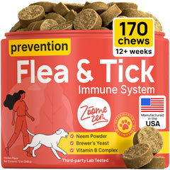 ZOOMEZEN flea and tick prevention chews bottle—easy daily protection for all dog breeds.