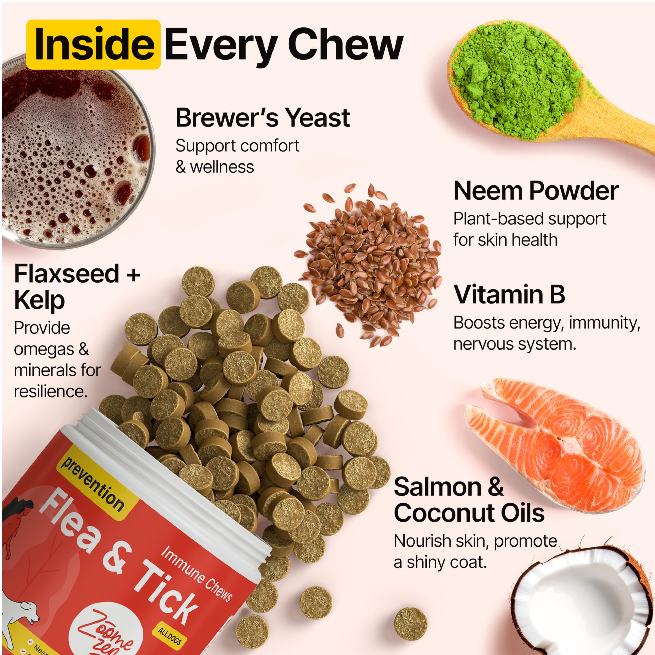 ZOOMEZEN neem and kelp powered chews—plant-based protection supporting skin and coat.