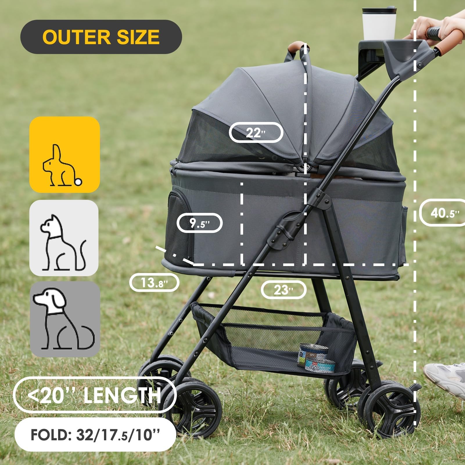 Zoosky 3-in-1 stroller side view shows removable carrier for easy pet transport.