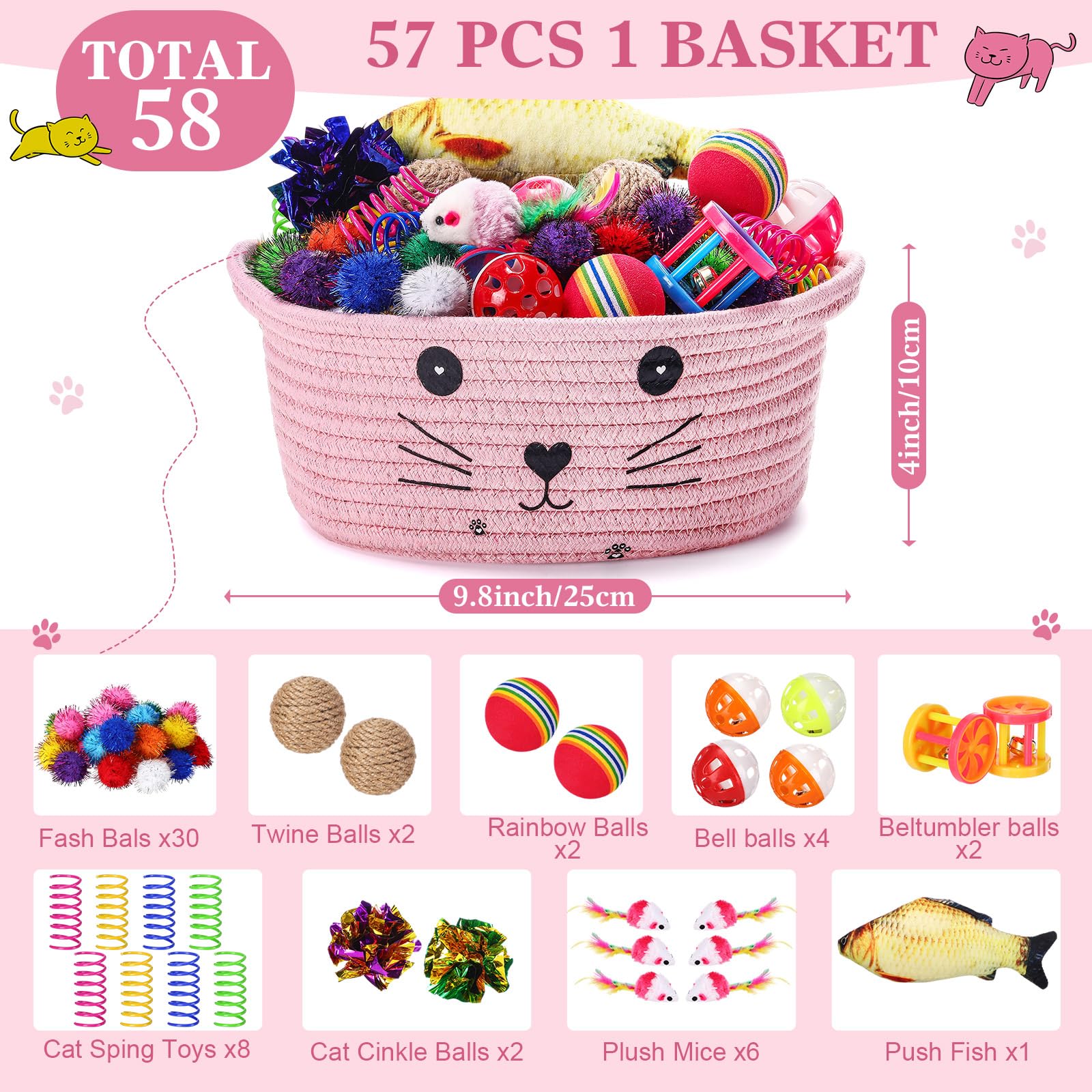 Zopeal pink basket displaying cat toys for interactive play.