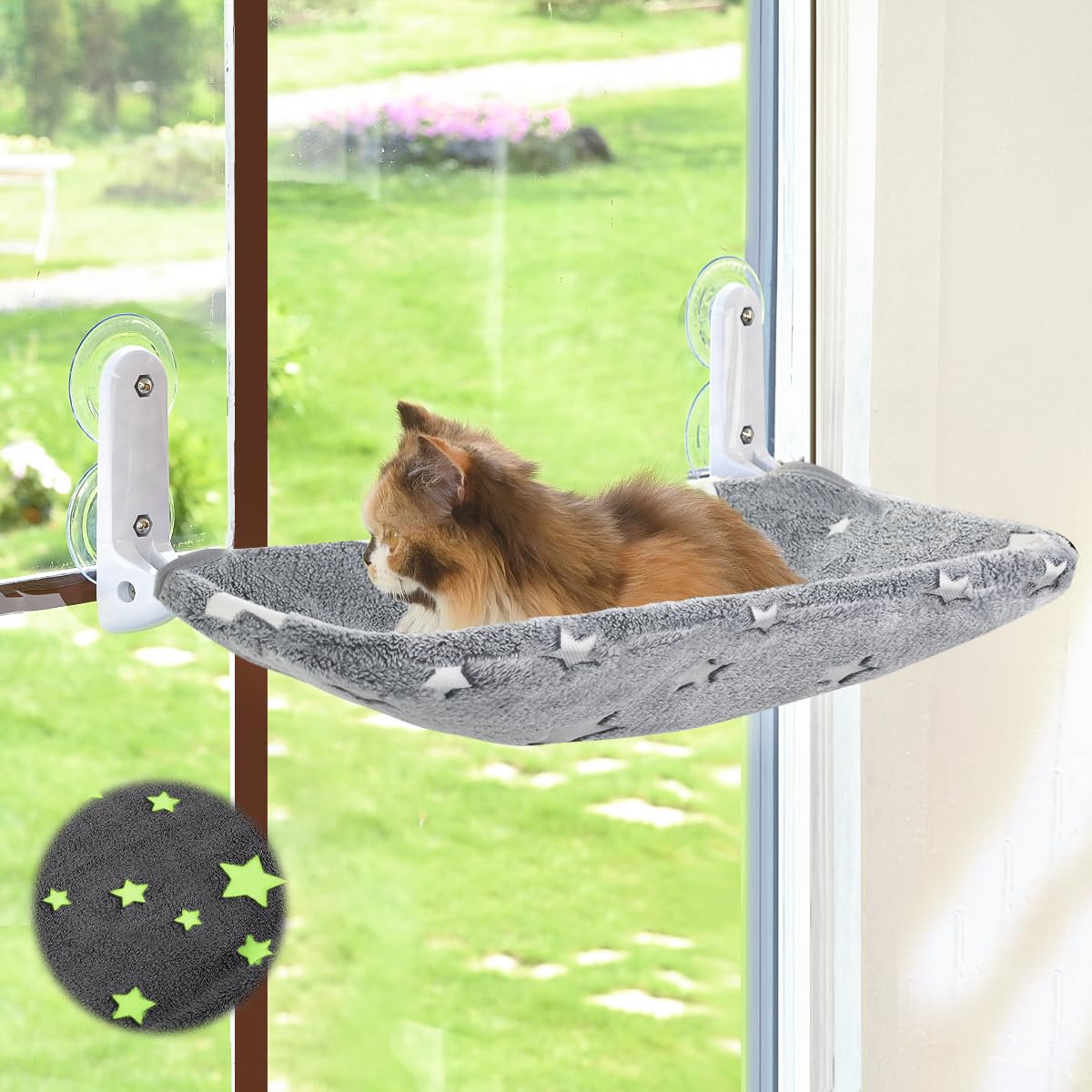 Zoratoo Stars window perch glows at night to help observe your cat safely.
