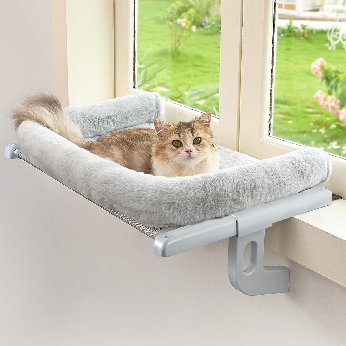 Zoratoo Windowsill Perch with large bolster offers cozy snuggling for cats in sunny windows.