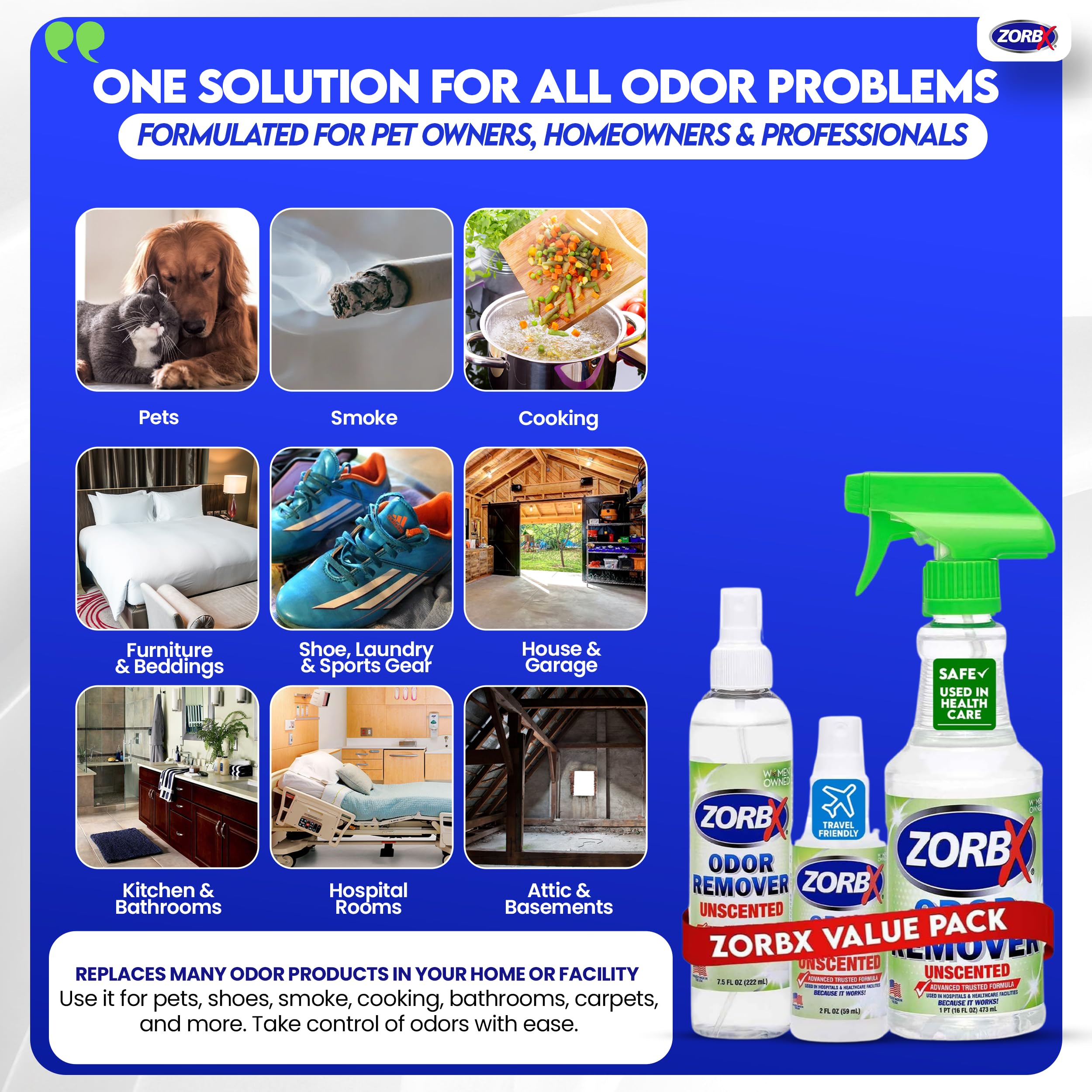 ZORBX Unscented Odor Eliminator 2oz bottle portable for on-the-go control.