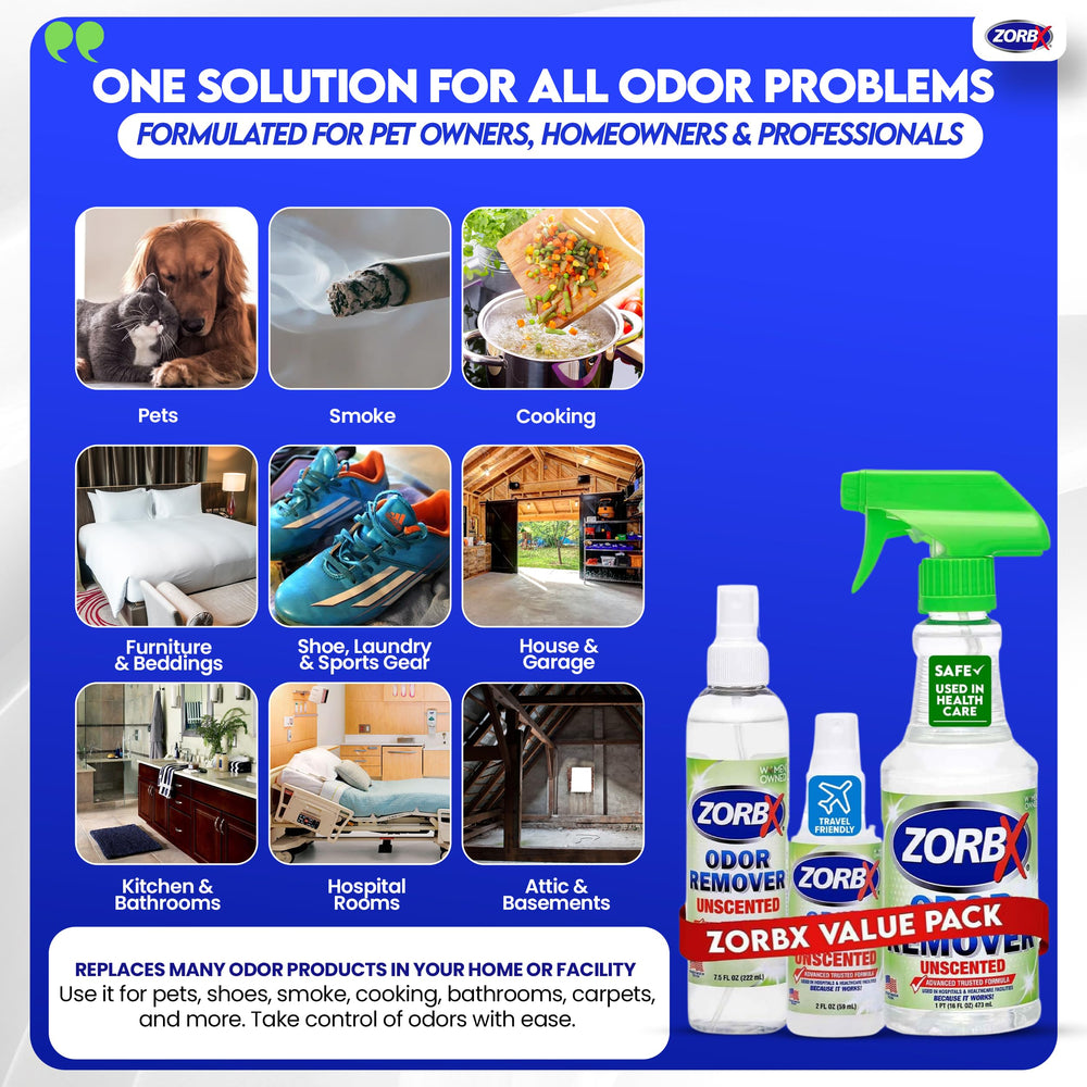 ZORBX Unscented Odor Eliminator 2oz bottle portable for on-the-go control.