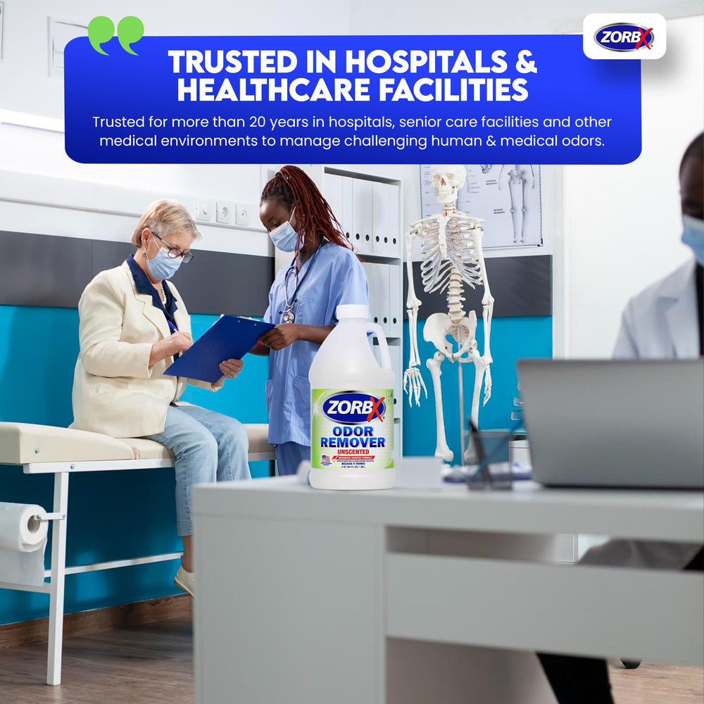 ZORBX Unscented Odor Eliminator in hospital-room context shows safe odor management