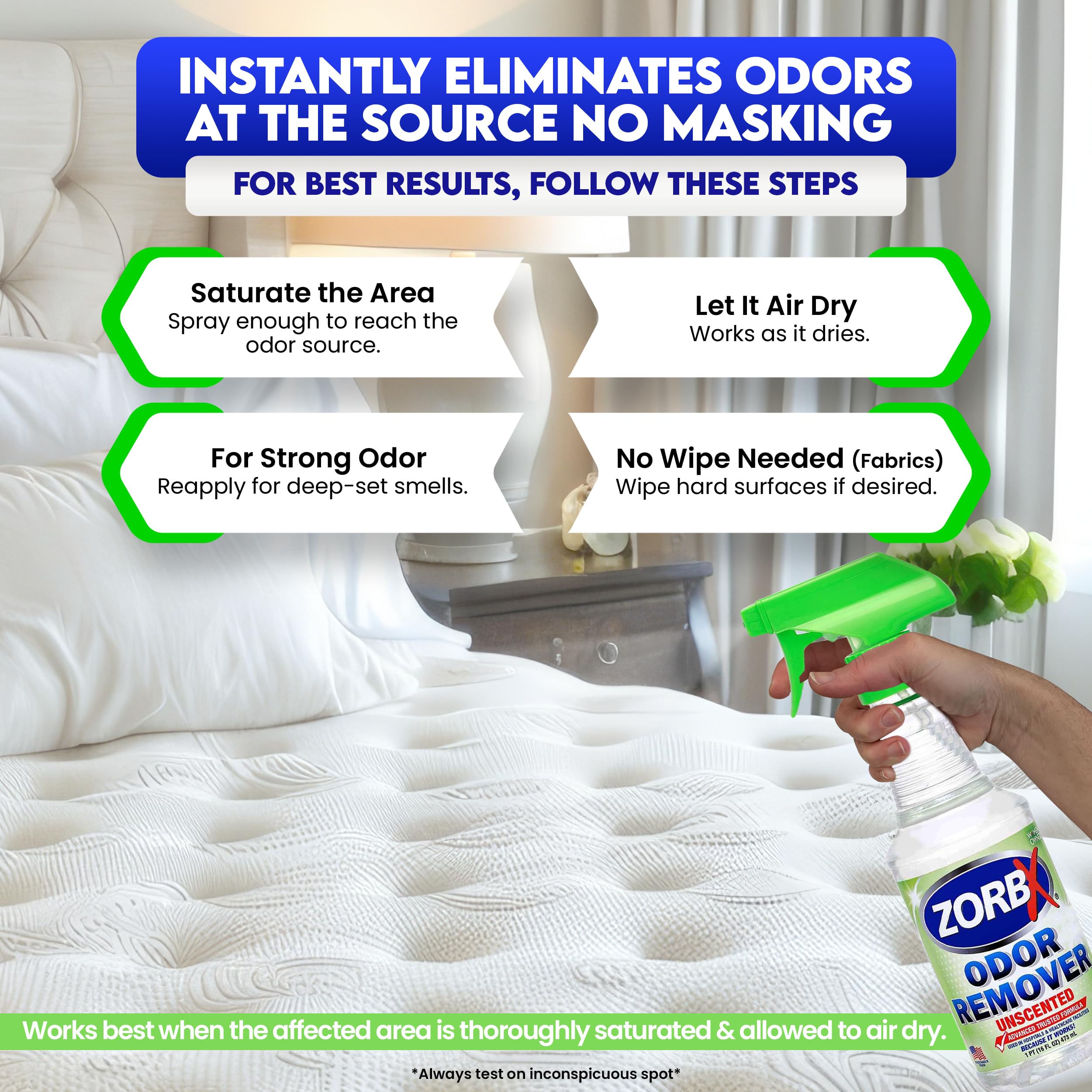 ZORBX unscented odor remover spray application in use for quick odor control