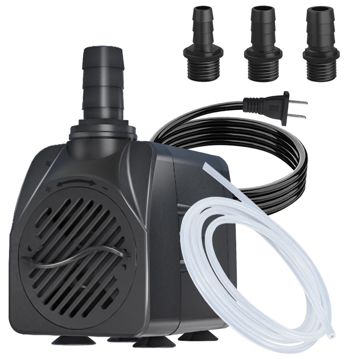 Zoronk 400GPH auto-shut-off pump in pond, compact front view for easy placement.