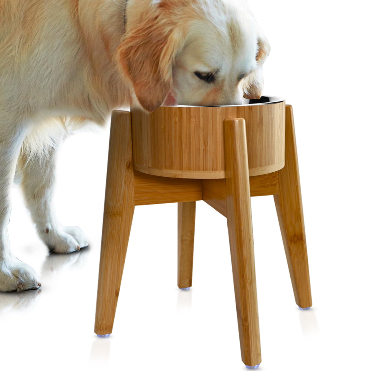 ZPirates elevated dog bowl stand in bamboo and steel for a calm mealtime.