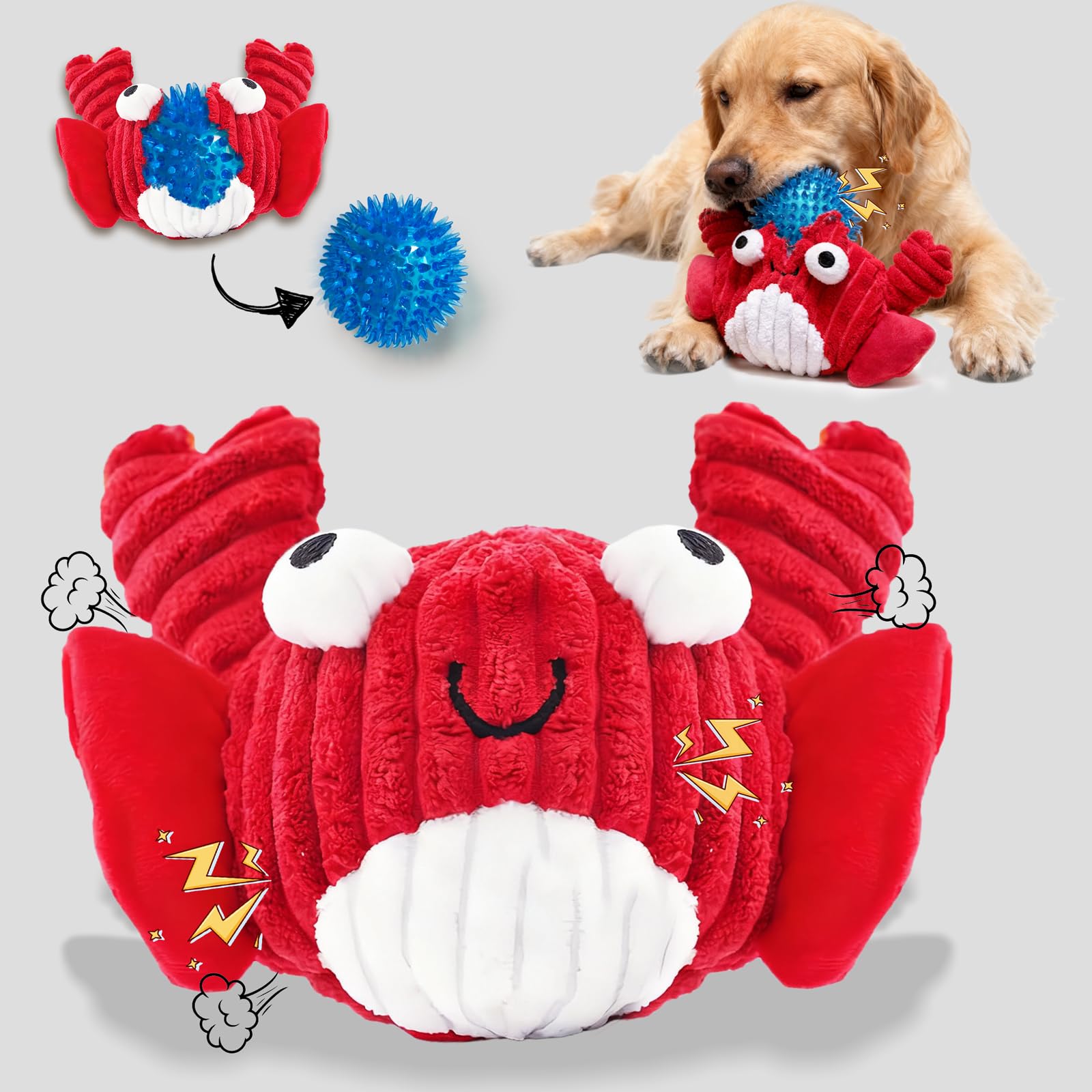 Zrbtk red crab squeak toy side view, durable chewer friendly