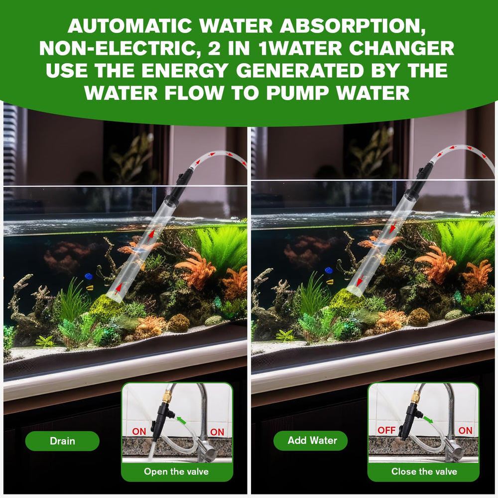 ZRDR aquarium siphon water change setup highlights faucet-powered debris removal.
