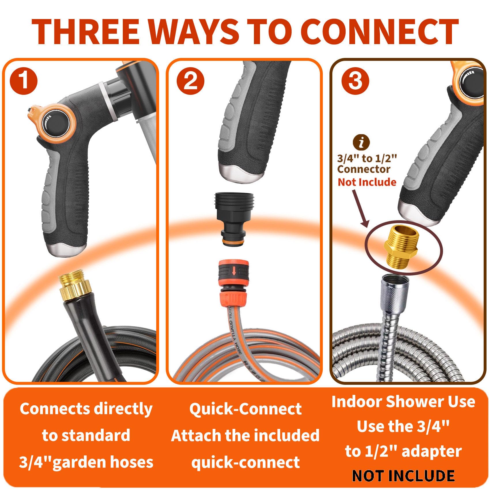 Universal hose compatibility with quick-connect adapter for standard hoses.