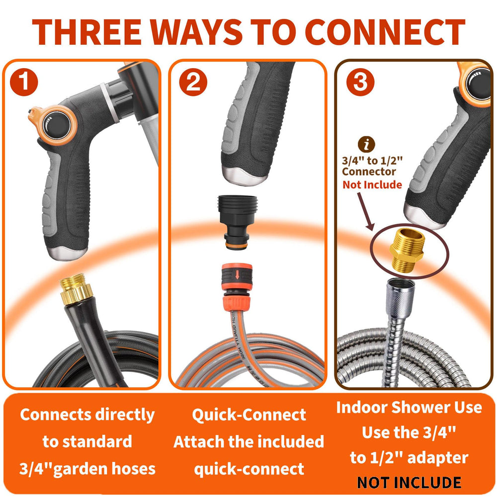 Universal hose compatibility with quick-connect adapter for standard hoses.