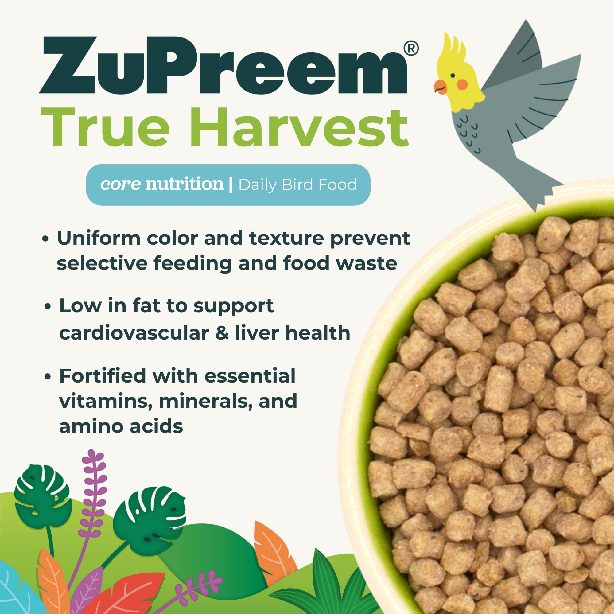 ZuPreem True Harvest pellets in dish ready for budgies