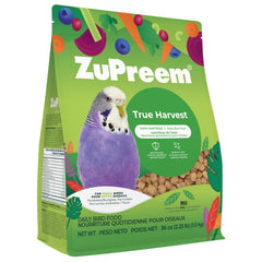 ZuPreem True Harvest bag with small-bird pellets showing balanced nutrition for parakeets