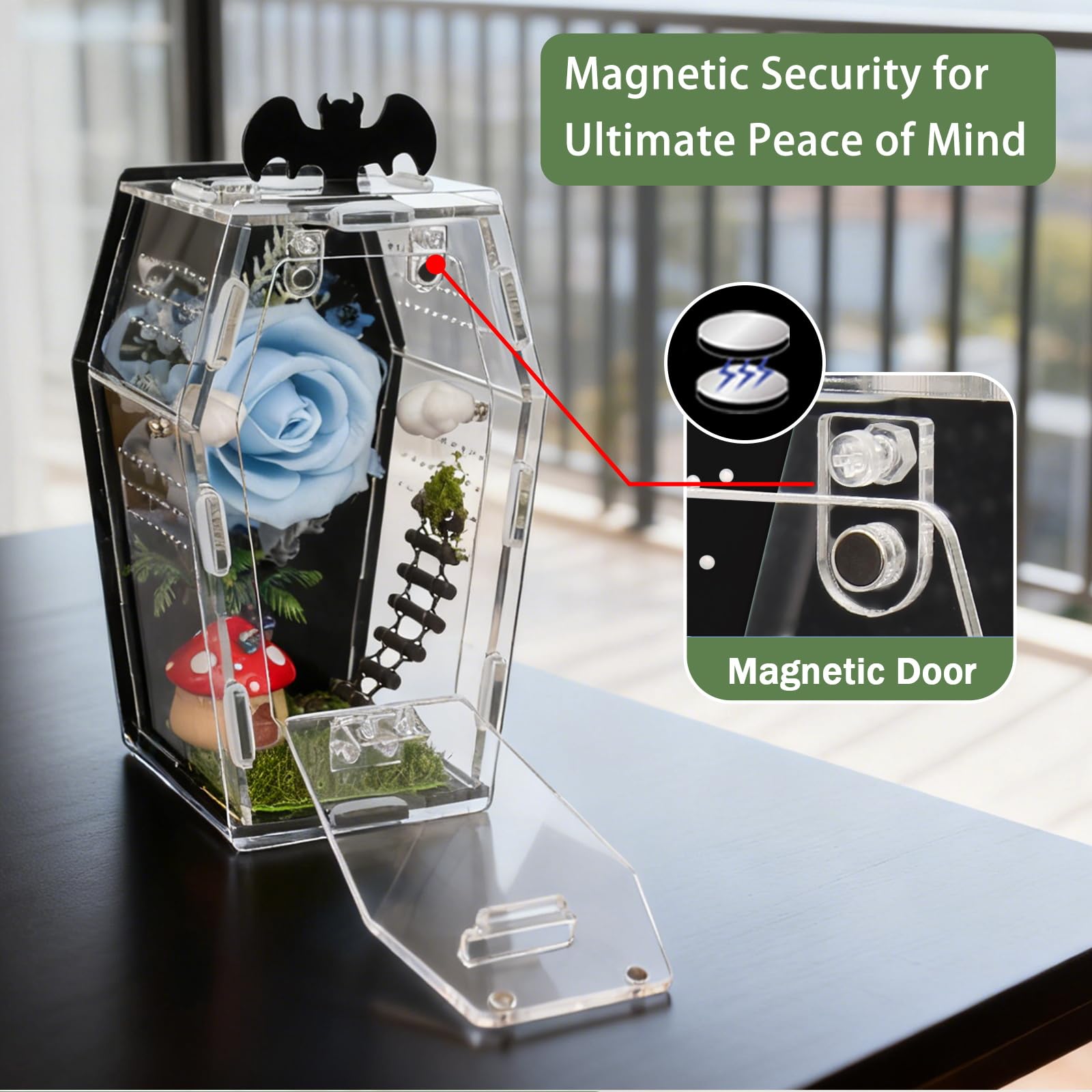 ZUIFIANLE coffin enclosure front-opening door minimizes top-web disturbance during access.