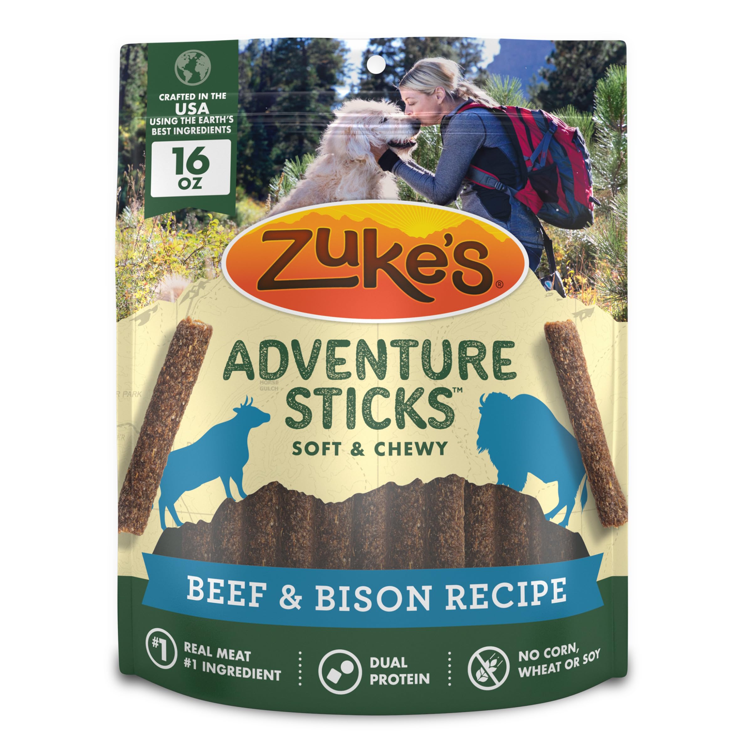 Zukes Adventure Sticks beef and bison pouch front image highlighting a natural, protein-rich dog treat for daily rewards
