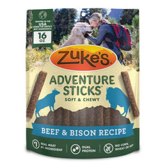 Zukes Adventure Sticks beef and bison pouch front image highlighting a natural, protein-rich dog treat for daily rewards