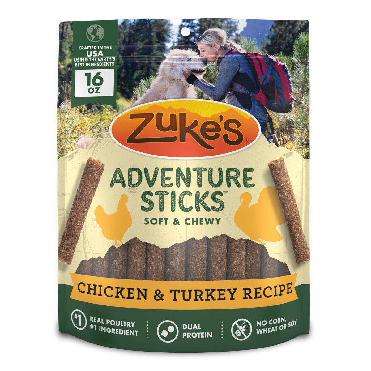 Zuke's Adventure Sticks 16oz pouch packaging for convenient rewards on the go.