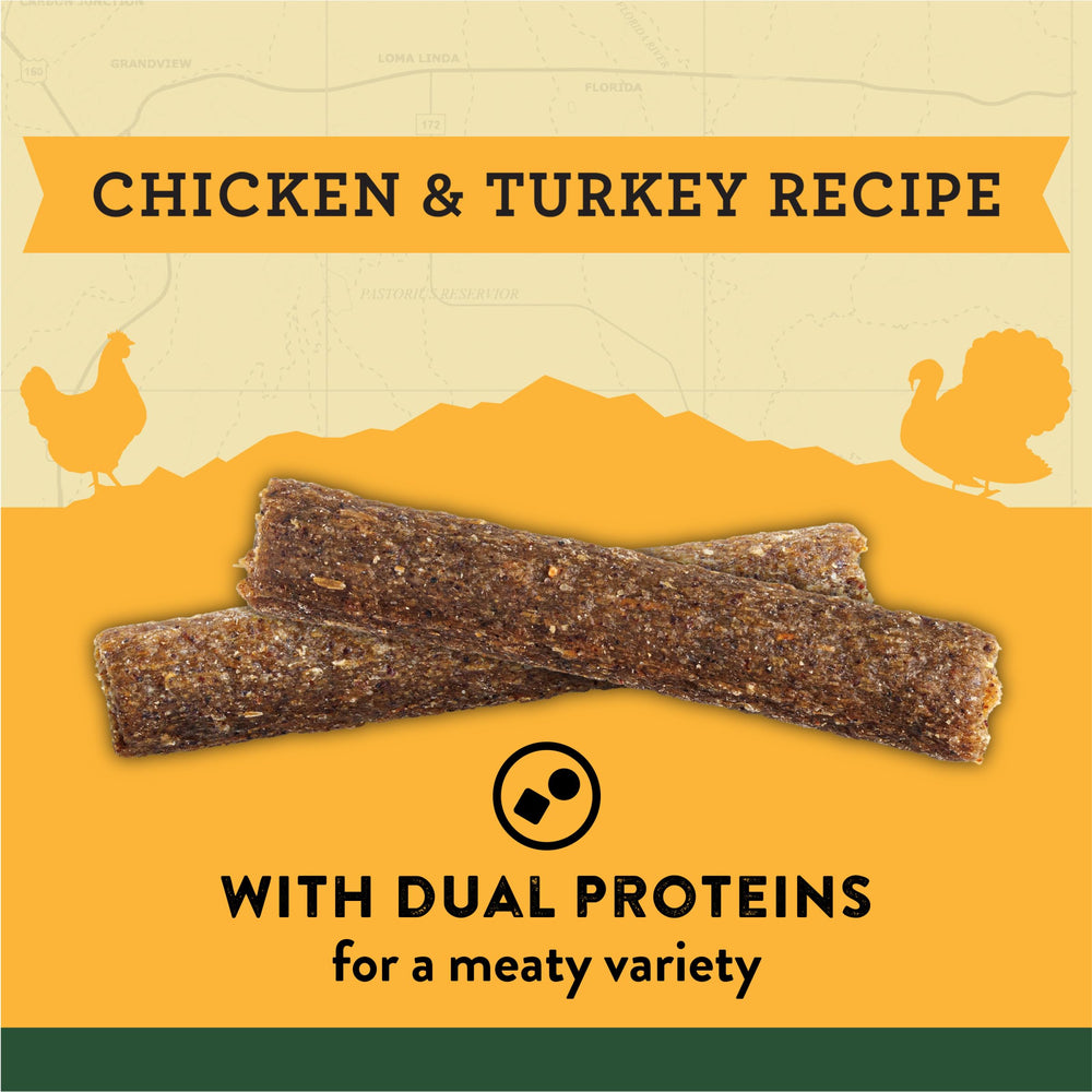 Real chicken and turkey deliver flavor in Zuke's Adventure Sticks.