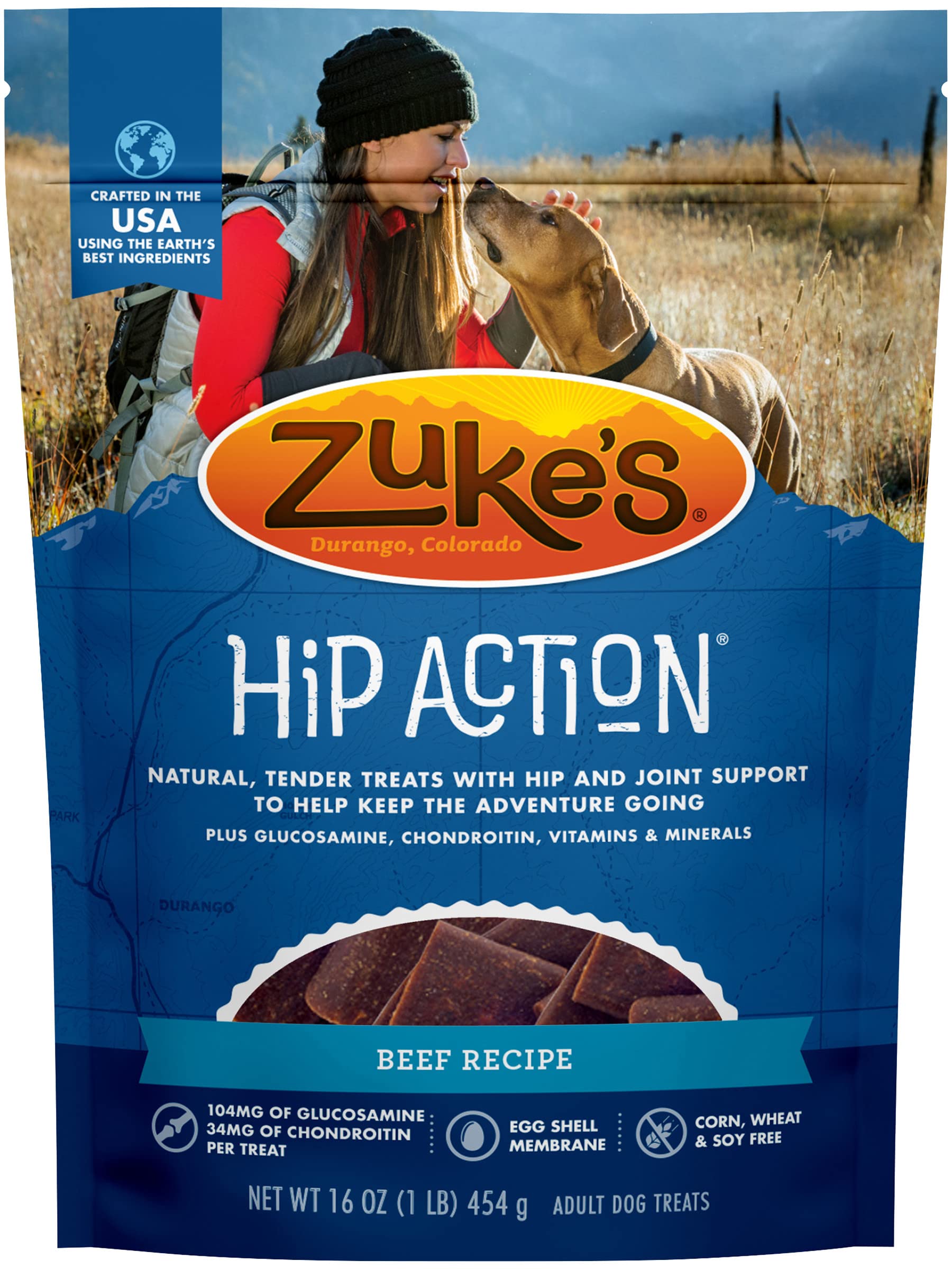 Zuke's Hip Action bag-open close-up shows resealable packaging for freshness.