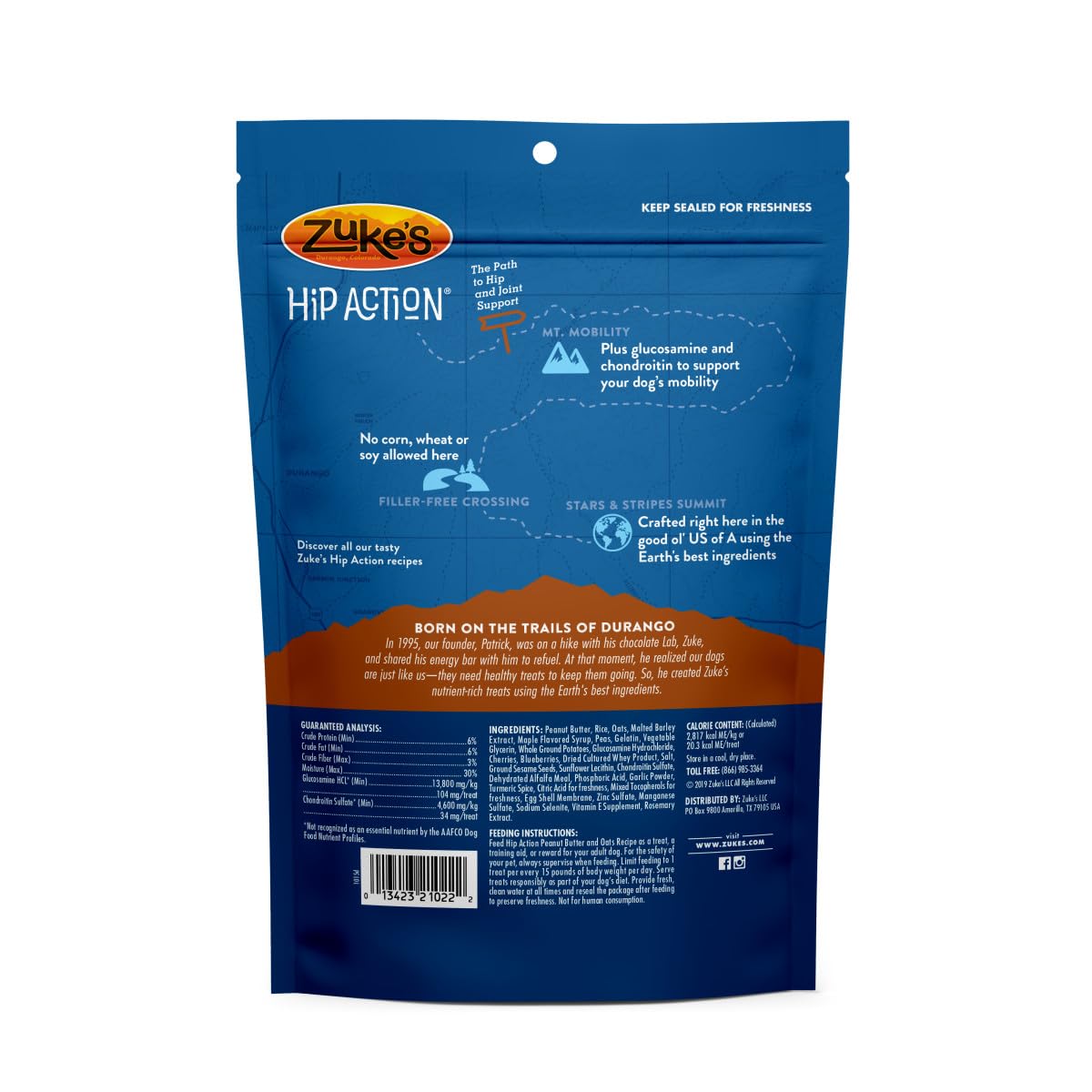 Zuke’s Hip Action contains glucosamine and chondroitin for joints.