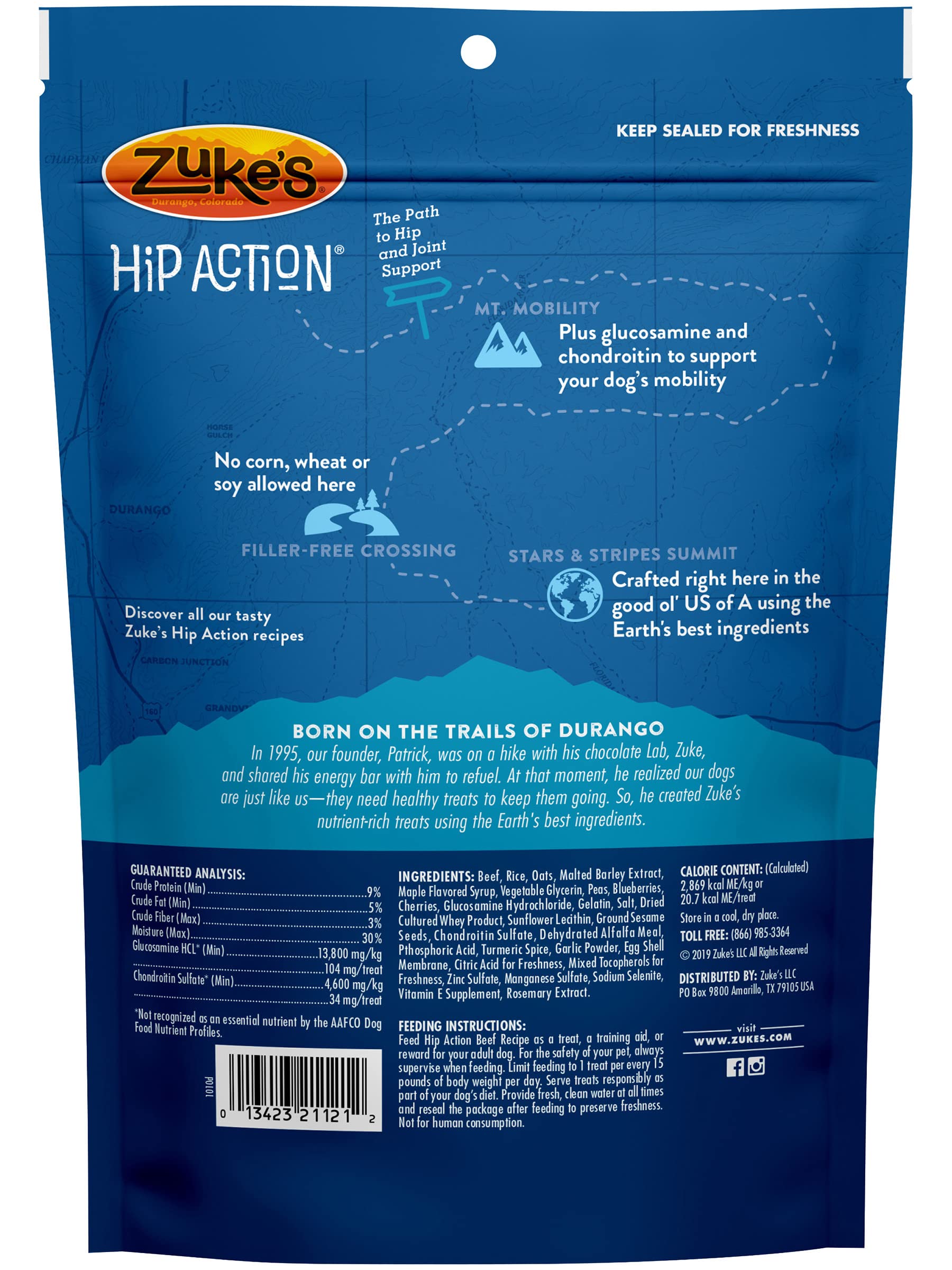 Zuke's Hip Action USA-made label indicates quality and origin.