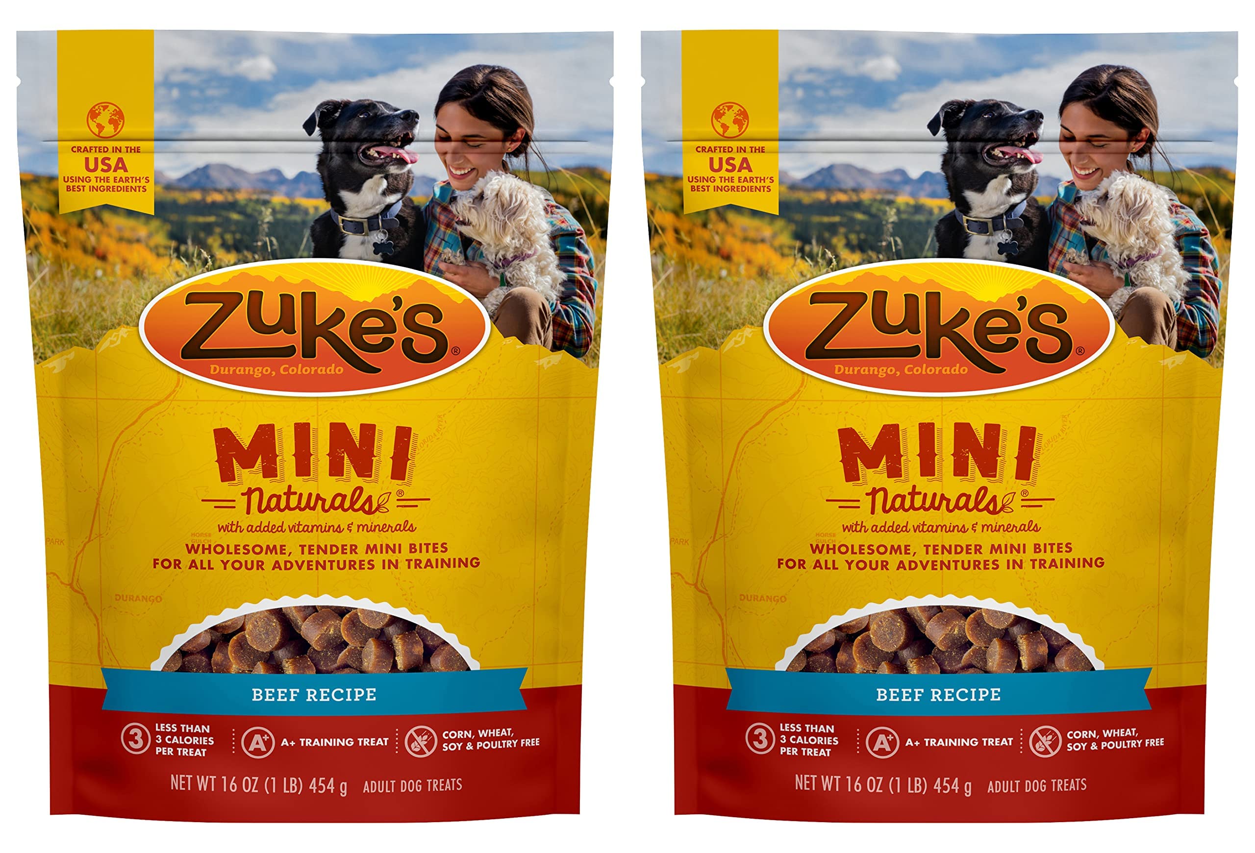 Zuke's Mini Naturals beef-first ingredient soft treats for quick training rewards.