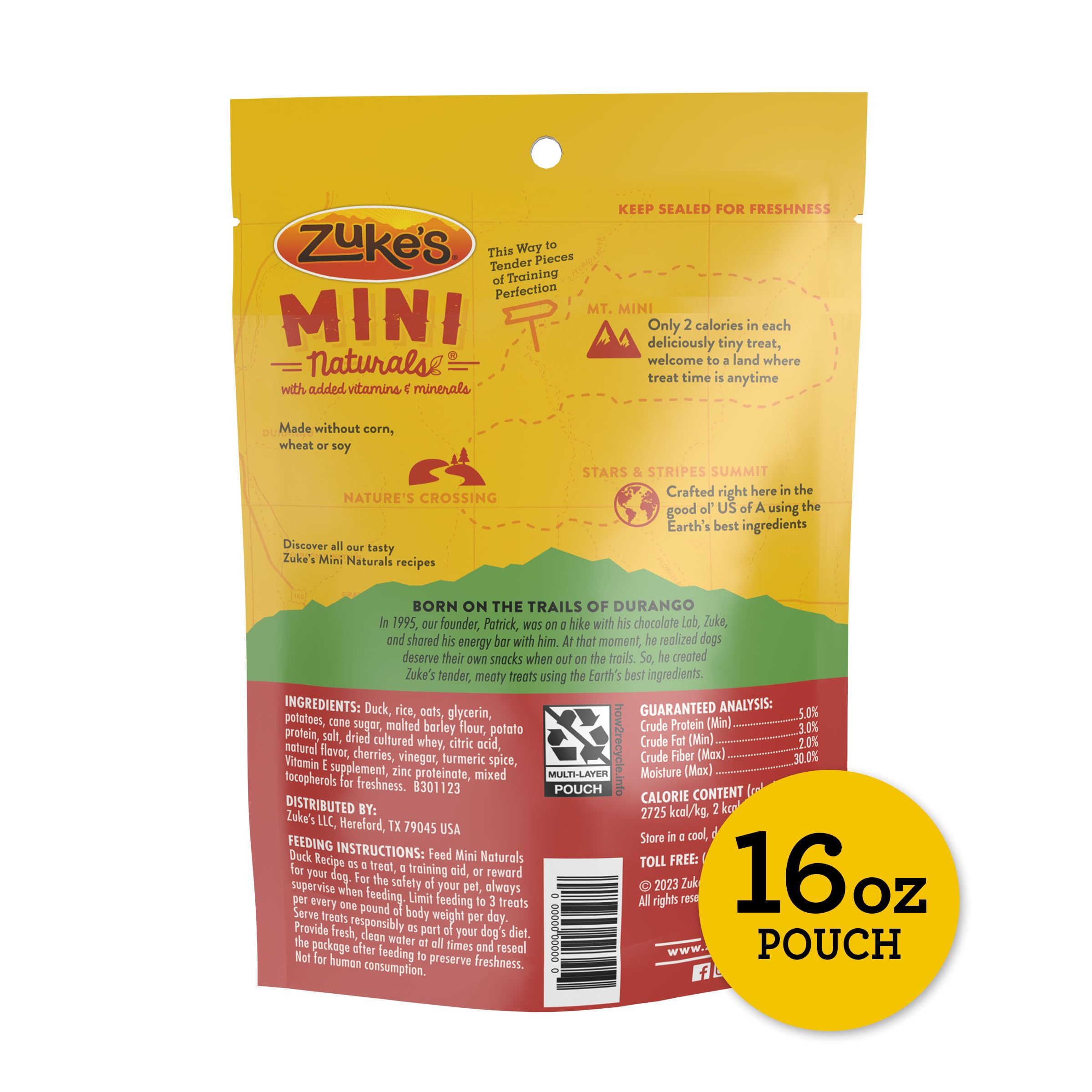 Zuke’s Mini Naturals duck recipe bag labeled USA-made with high-quality ingredients