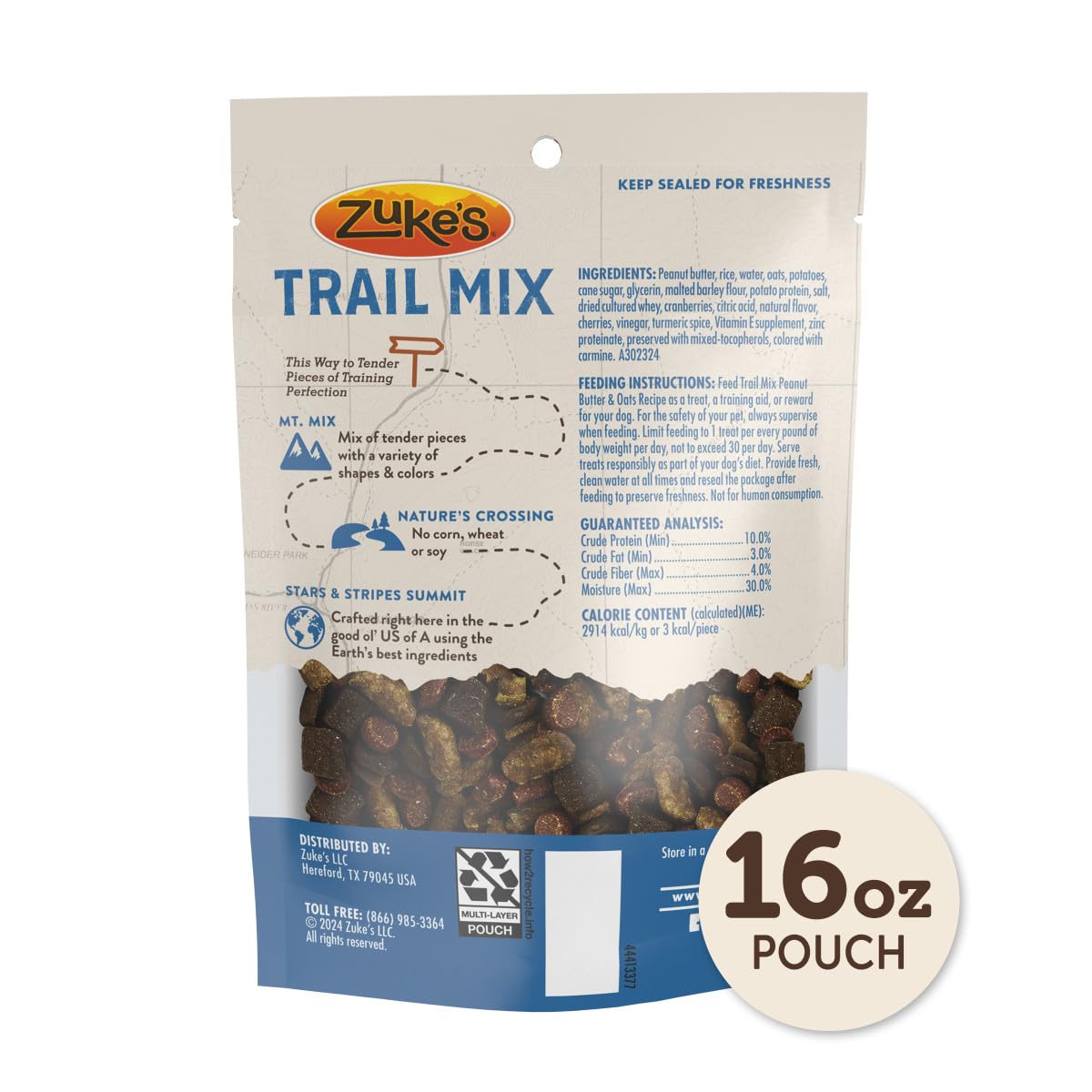 Zuke’s Trail Mix contains no corn, wheat, or soy.