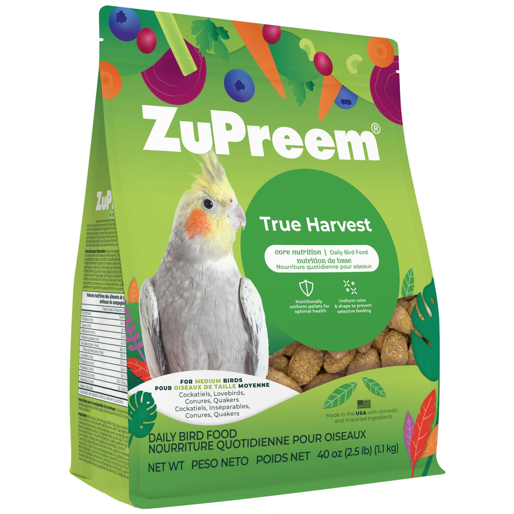 ZuPreem True Harvest pellets in bag promote balanced medium-bird nutrition for daily feeding.