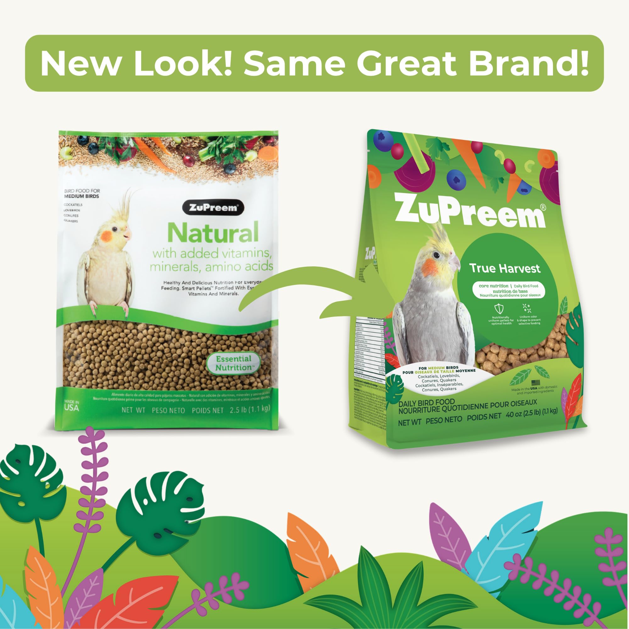 ZuPreem True Harvest pellets close-up show natural multigrain formula for better digestion.