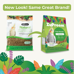 ZuPreem True Harvest pellets close-up show natural multigrain formula for better digestion.