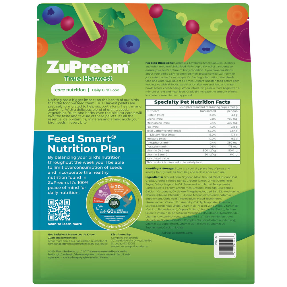 ZuPreem True Harvest measured scoop and pellets illustrate convenient daily portioning.
