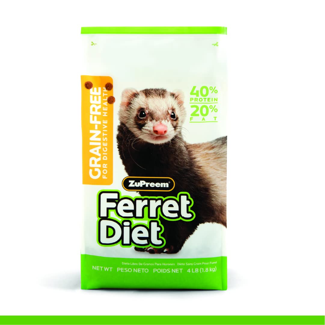 ZuPreem Ferret Food bag close-up highlights grain-free formula for high-energy pets.