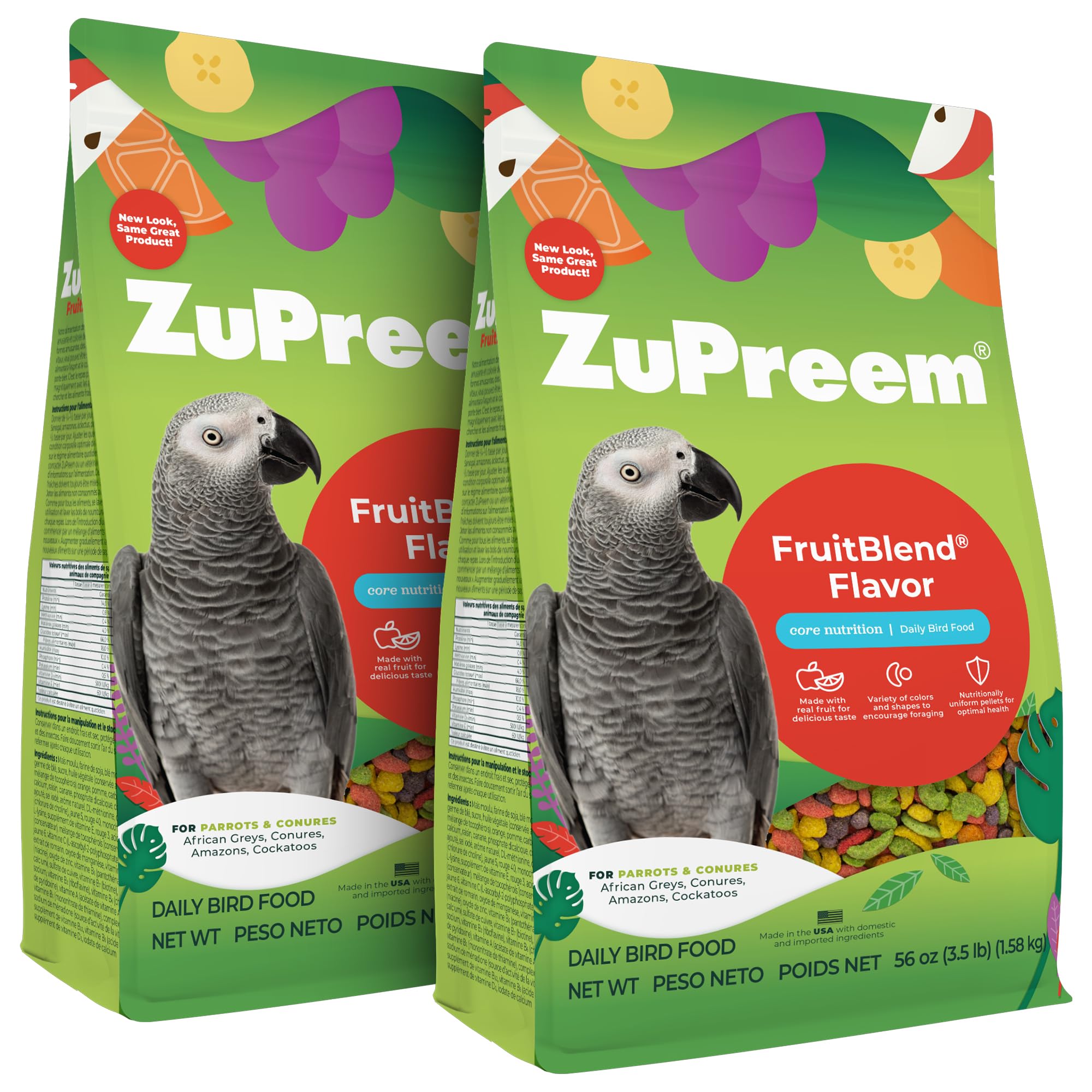 ZuPreem FruitBlend bag and label, highlighting USA-made quality for parrots.