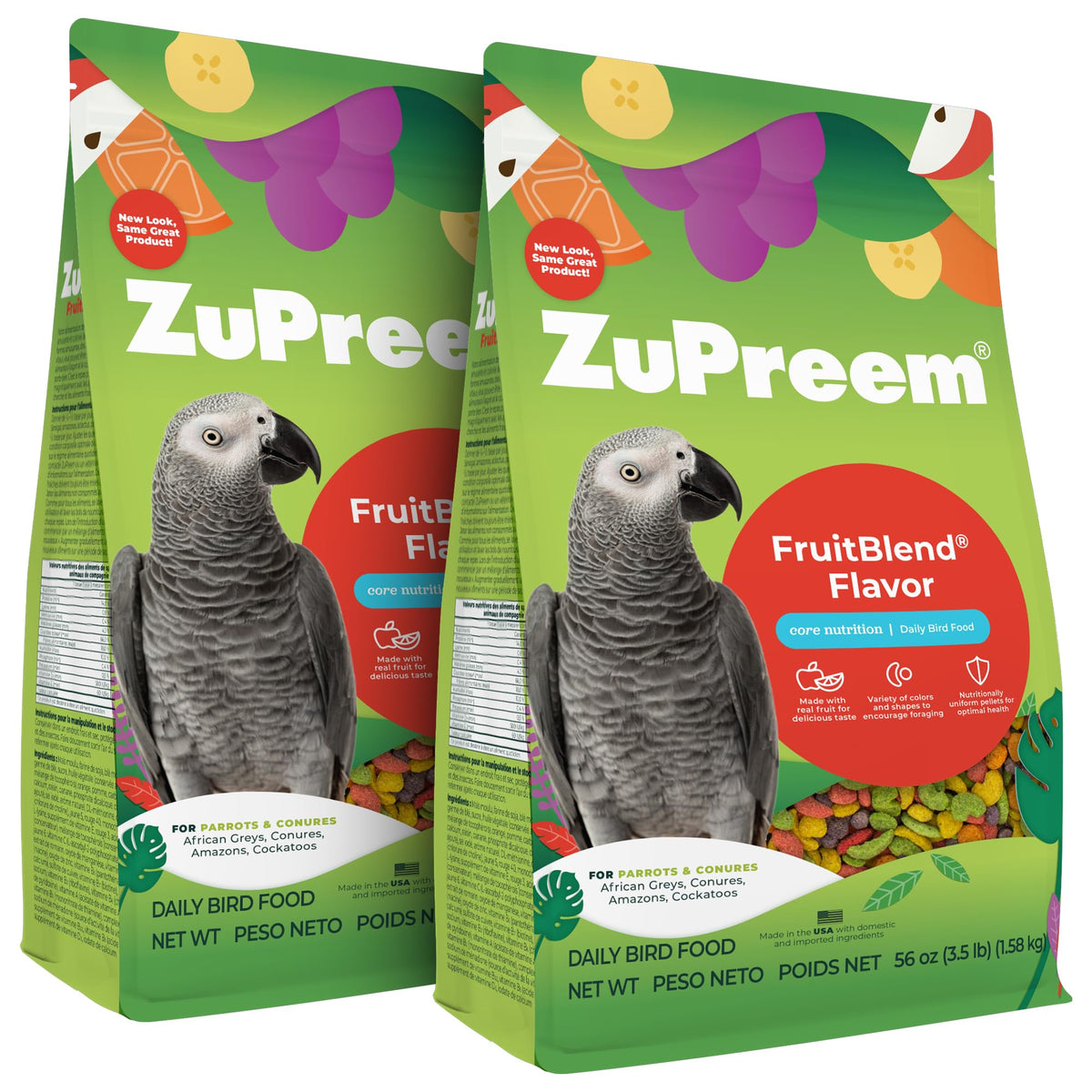 ZuPreem FruitBlend bag and label, highlighting USA-made quality for parrots.