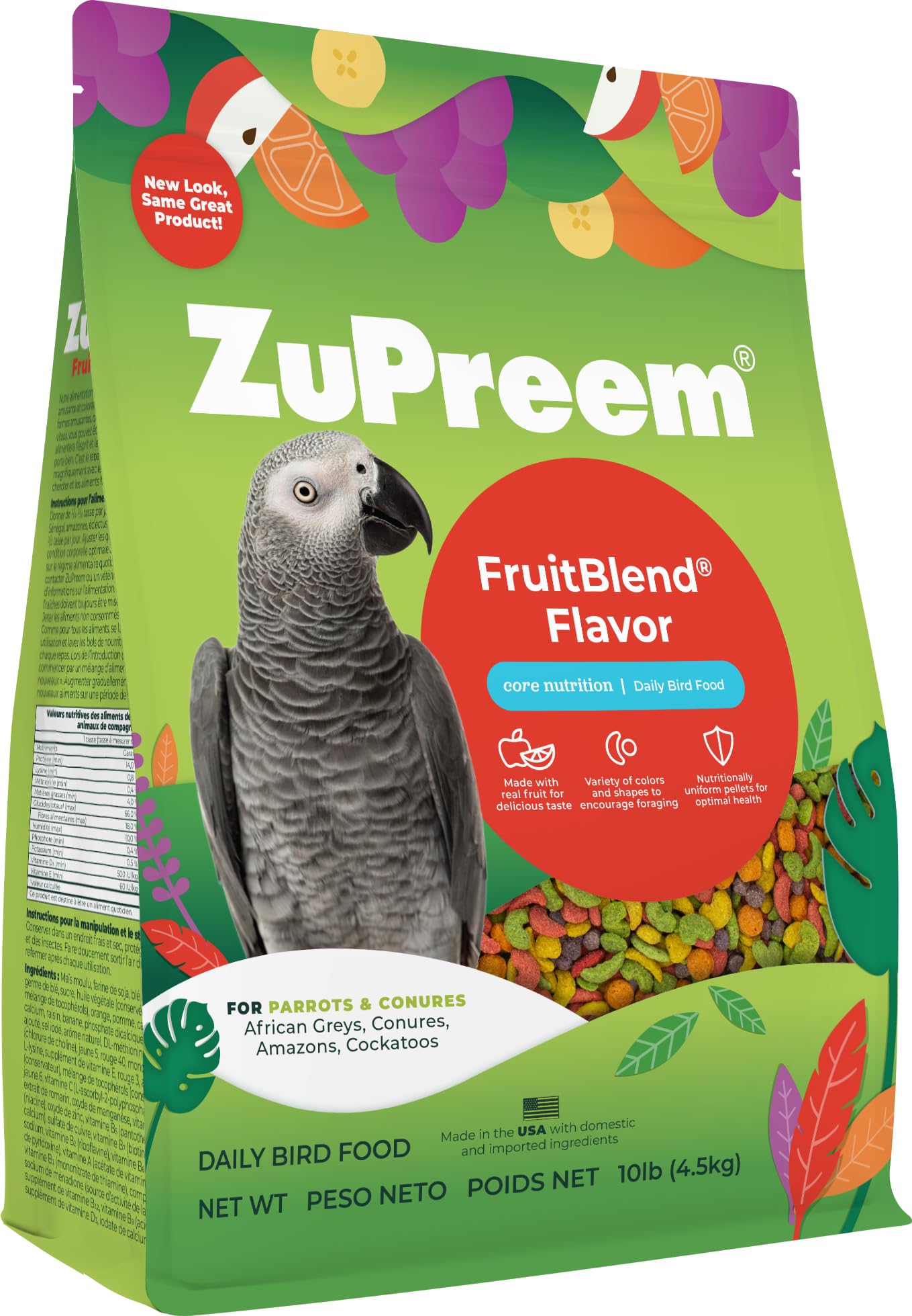 ZuPreem FruitBlend bag with vibrant pellets for medium to large birds, balanced diet