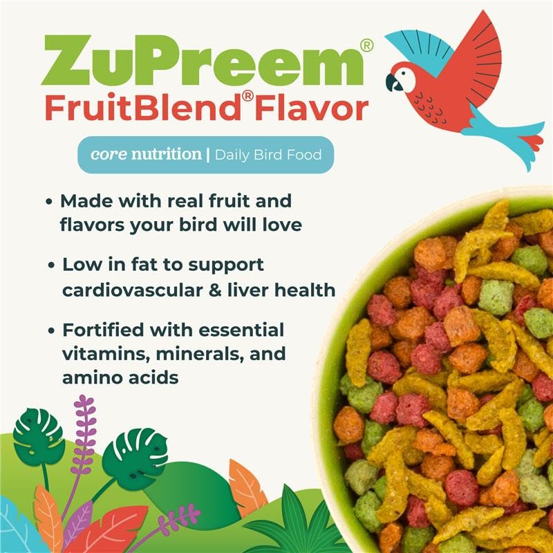 ZuPreem FruitBlend colorful pellets and shapes attract foraging and mealtime engagement.