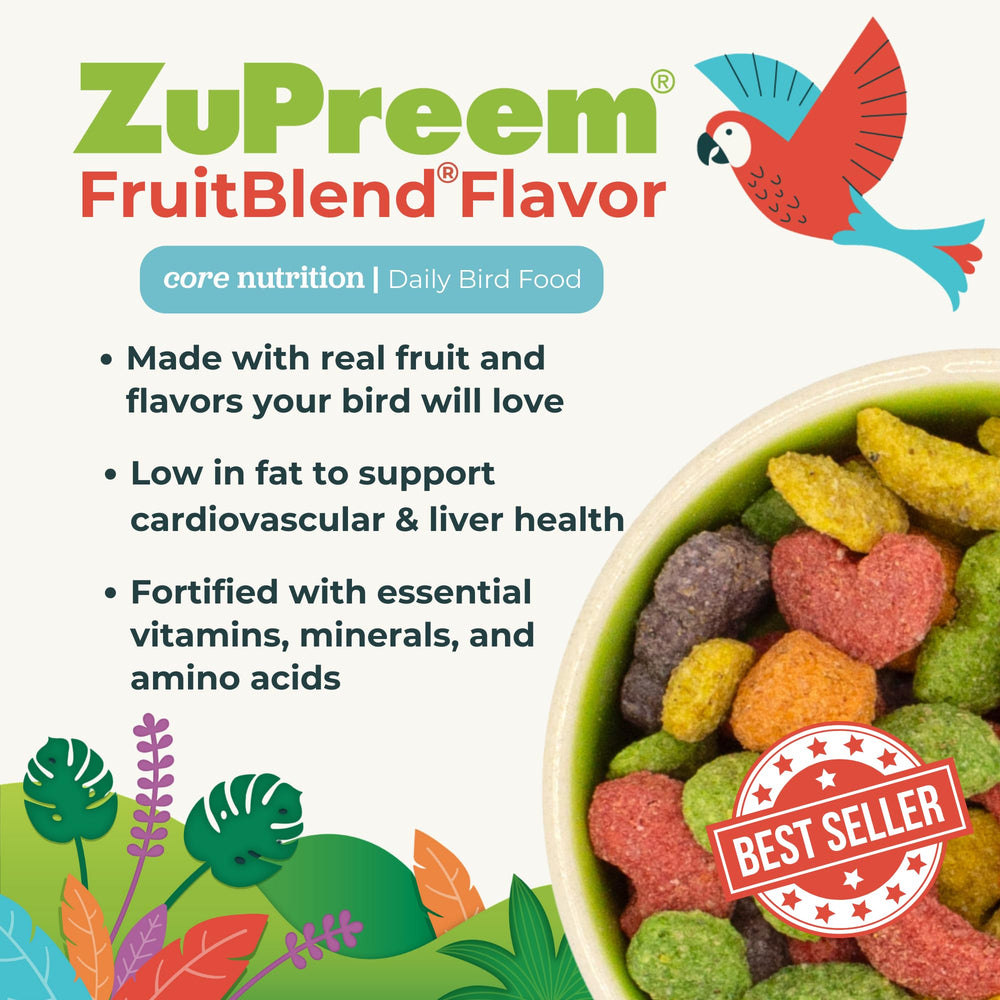 ZuPreem FruitBlend dry food portion served, supporting balanced daily nutrition.