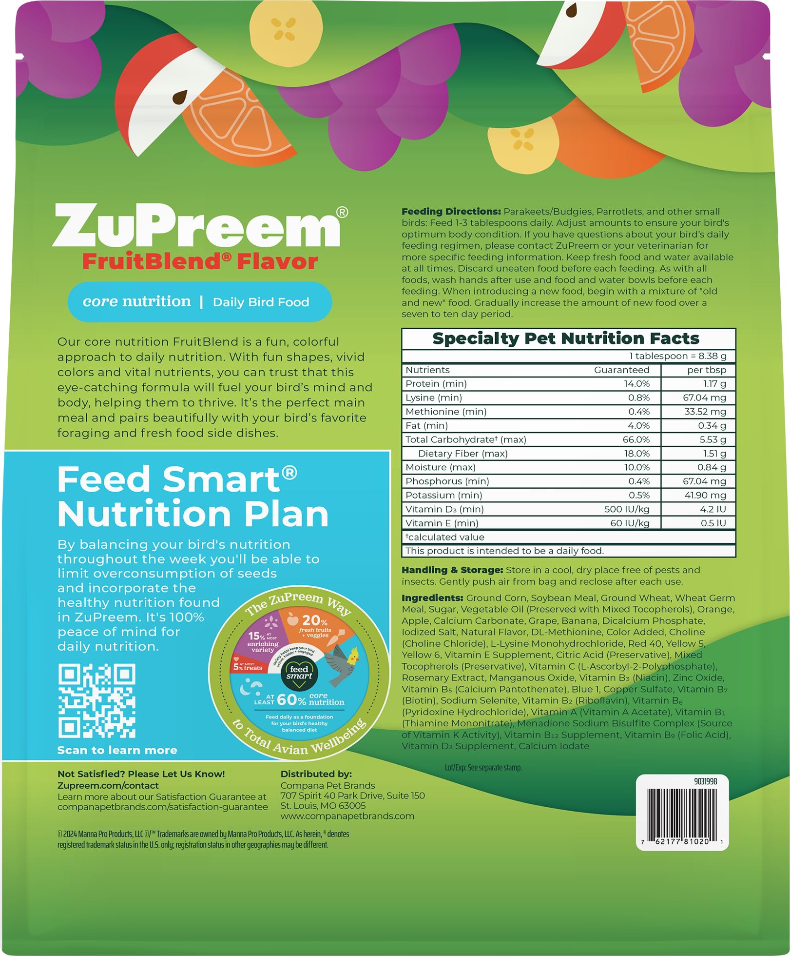 ZuPreem FruitBlend fruit-flavored pellets with colorful shapes entice parakeets to eat.