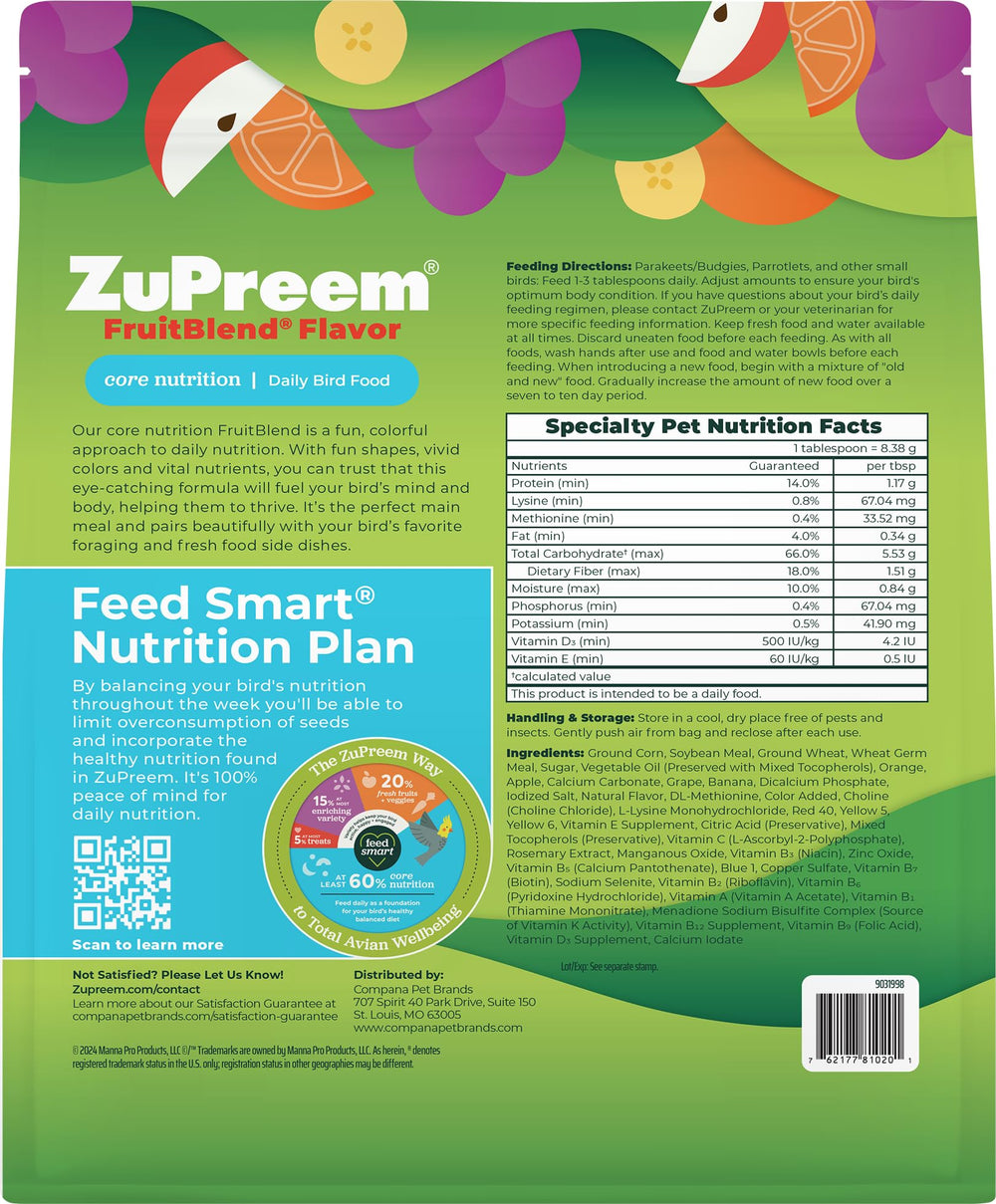 ZuPreem FruitBlend fruit-flavored pellets with colorful shapes entice parakeets to eat.