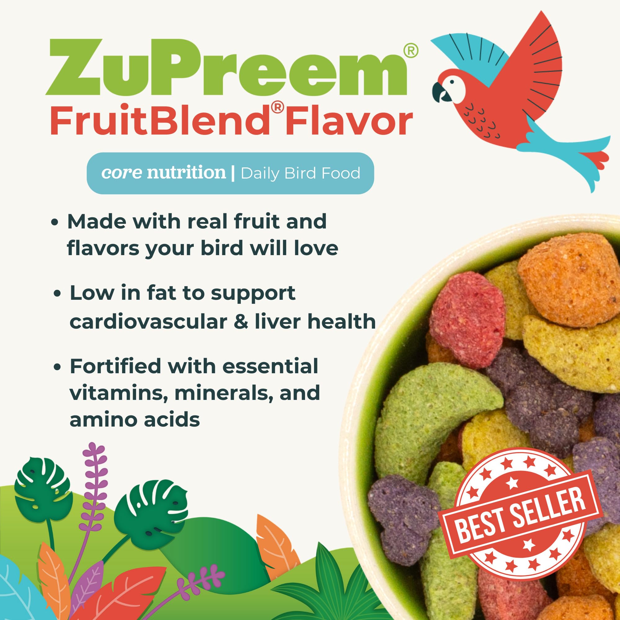 ZuPreem large-bird pellets provide color and shape variety to engage birds.