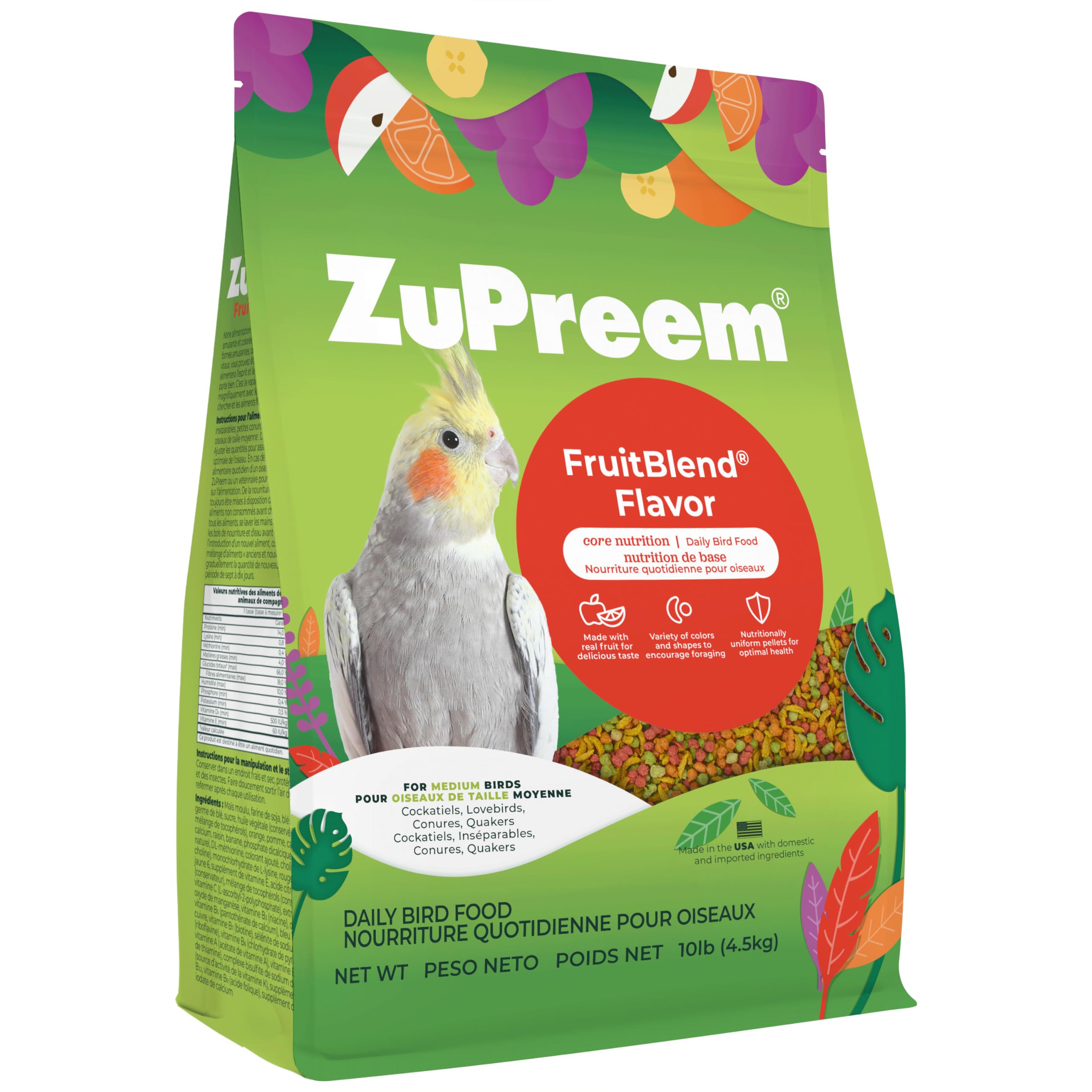 ZuPreem FruitBlend medium bird pellets bag showcasing colorful fruit shapes for daily nutrition.