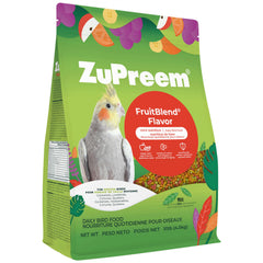 ZuPreem FruitBlend medium bird pellets bag showcasing colorful fruit shapes for daily nutrition.