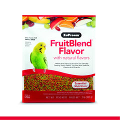 ZuPreem FruitBlend parakeet pellets in a bowl promoting daily balanced nutrition and colorful textures.