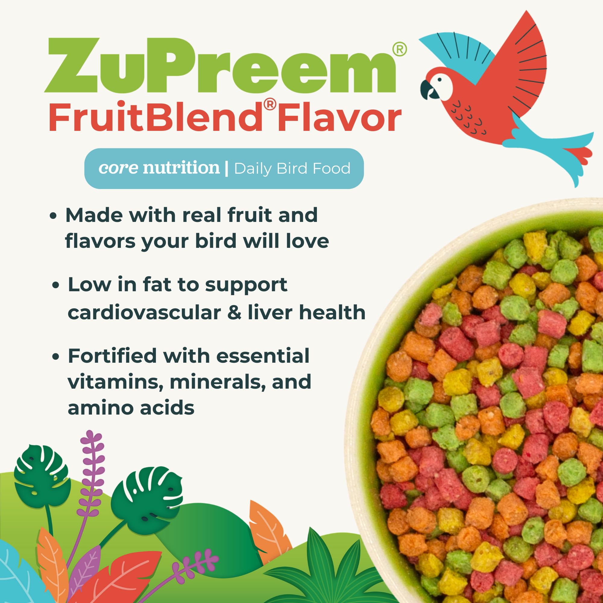 ZuPreem FruitBlend parrotlet pellets supporting energy and bright plumage in small birds.