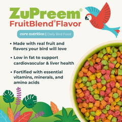 ZuPreem FruitBlend parrotlet pellets supporting energy and bright plumage in small birds.