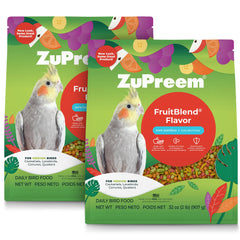 ZuPreem FruitBlend pellets in a cockatiel bowl promote balanced daily nutrition.