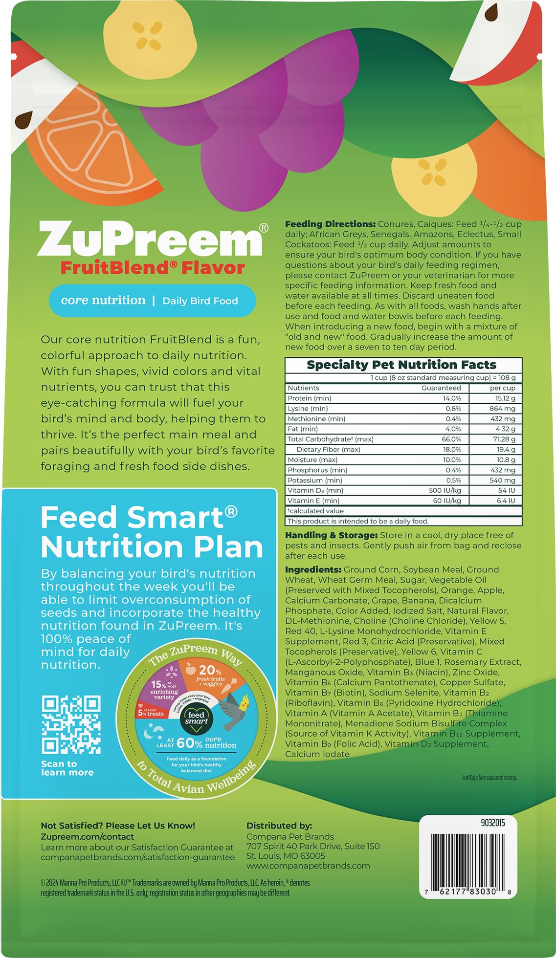ZuPreem FruitBlend colors pellets in bowl, appealing to birds during feeding.