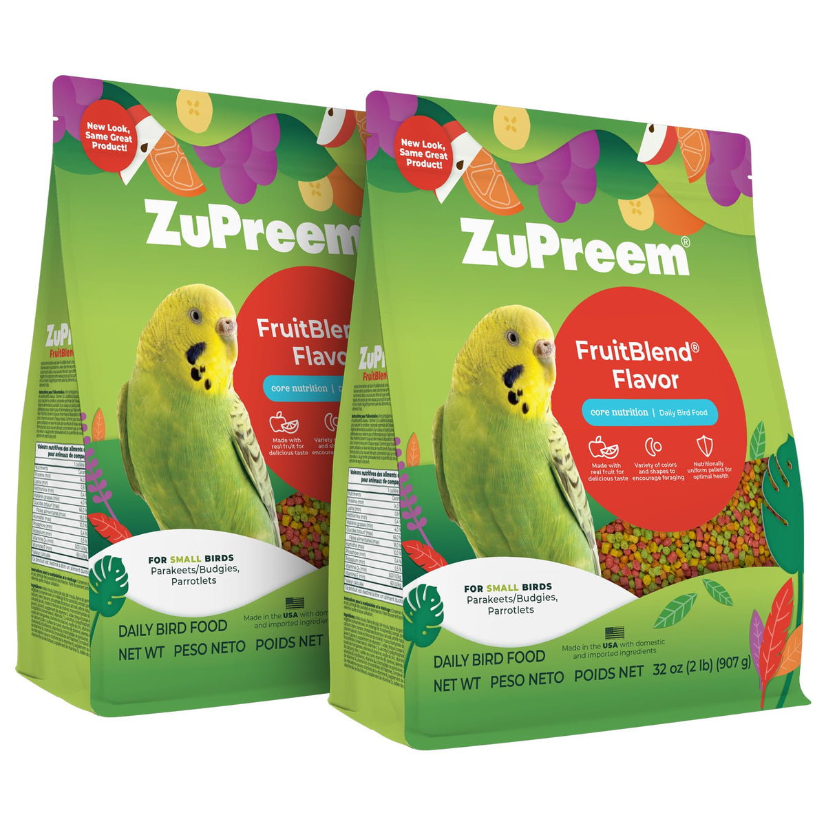 ZuPreem FruitBlend pellets arranged for a balanced daily diet for small birds.